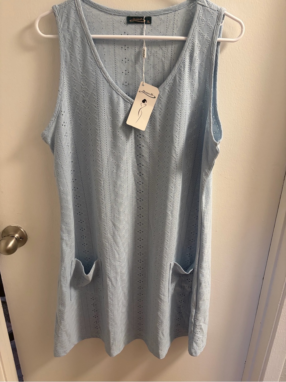 Light Blue Sleeveless Eyelet Midi Dress with Pockets